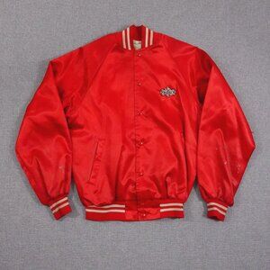 Vintage 80s TGI Friday's Red Satin Nylon Bomber Jacket - Size Medium Made In USA